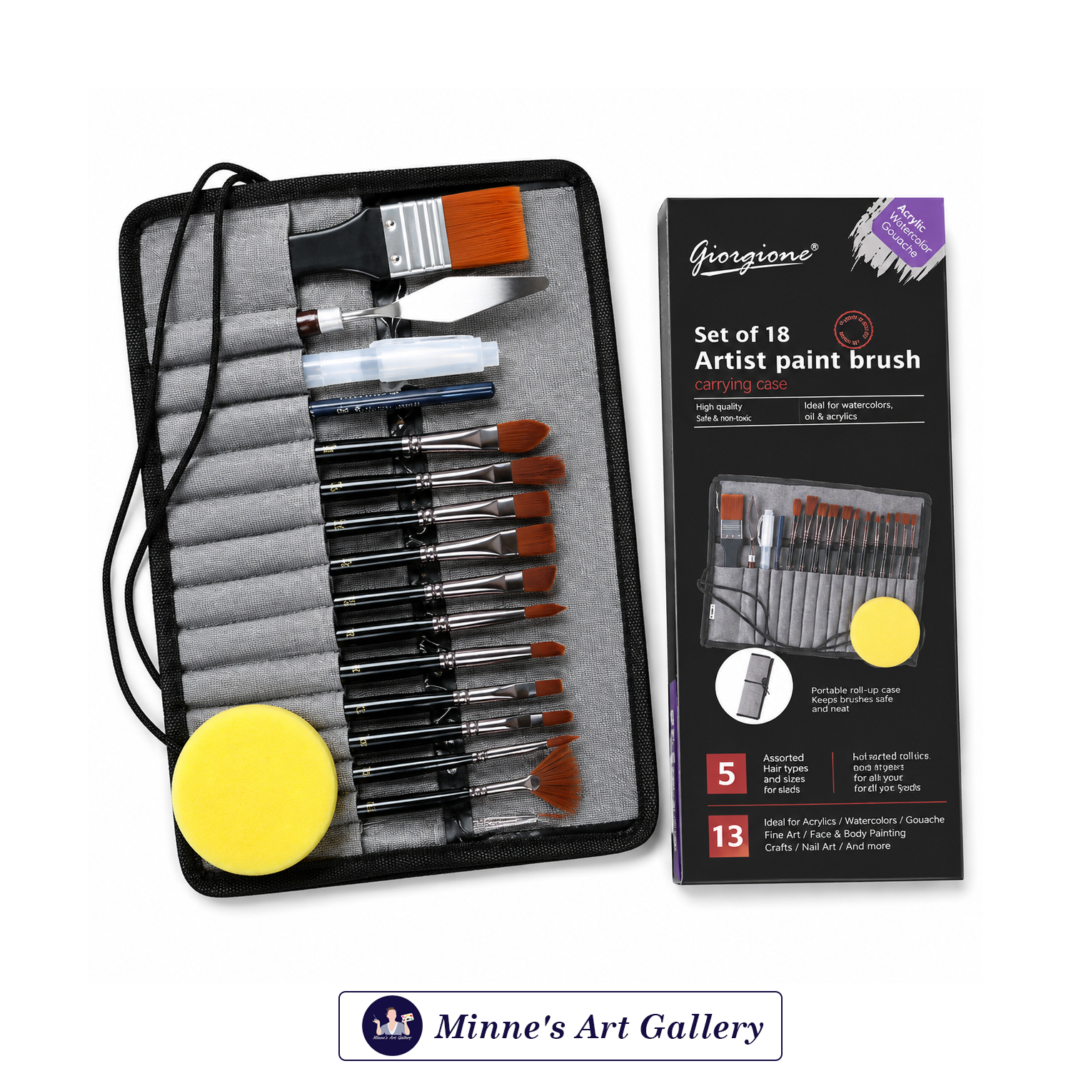Giorgione Set of 18 Artist Paint Brushes with Carrying Case