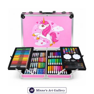 145-Piece Kids Art Supplies Set Portable Aluminum Case Unicorn Pink Color Box