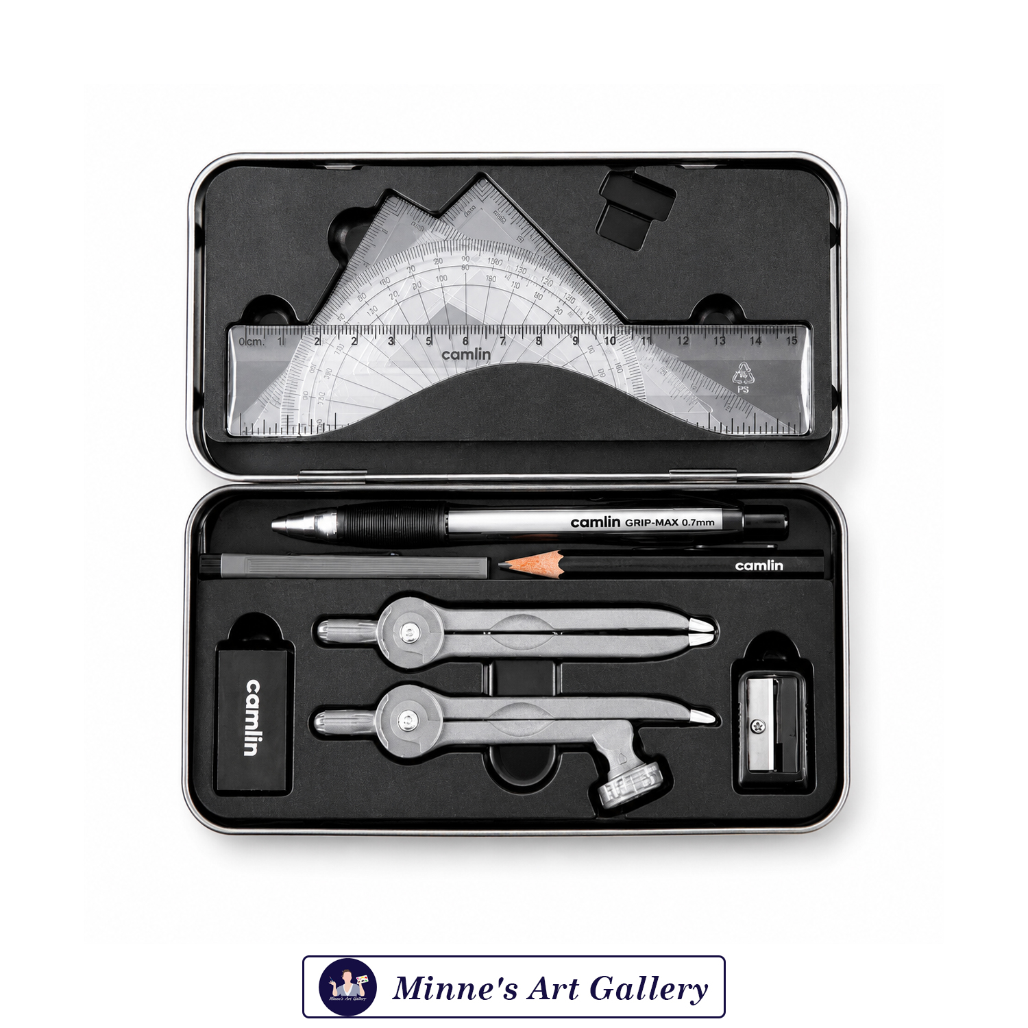 camlin-scholar-plus-geometry-box-11-piece-set-details Camlin Scholar+ Geometry Box featuring 11 pieces, suitable for geometry, schoolwork, drawing, and everyday mathematical activities.